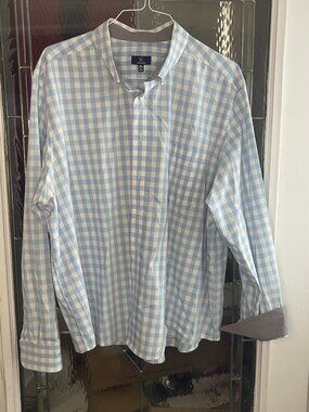George Button Down Mens 3XL Blue/White Gingham Plaid Flip Cuff Long Sleeve